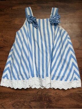 Striped Blue & White Girls Sundress Tank Top with Lace Hem